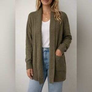 New Lucky Brand Olive Cable-Knit Open Front Cardigan Sweater with Pockets Size L
